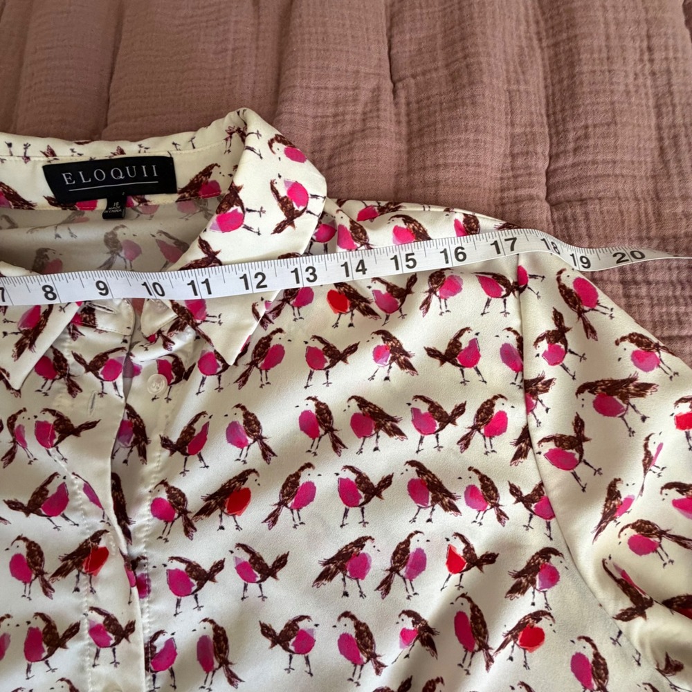 Eloquii Robin Bird Print Button Down Blouse Striped Cuff Pink White Plus Size 16 - Picture 7 of 9